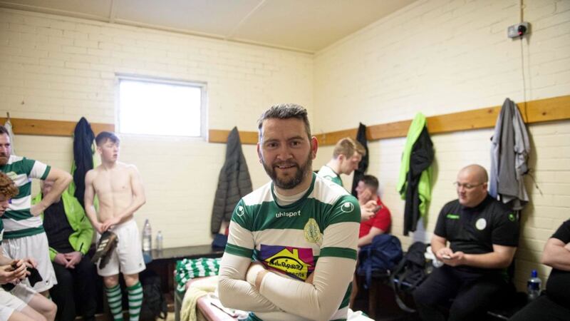 Gerry McMahon in the Lurgan Celtic dressingroom after the game against Banbridge Town. Picture Mark Marlow 