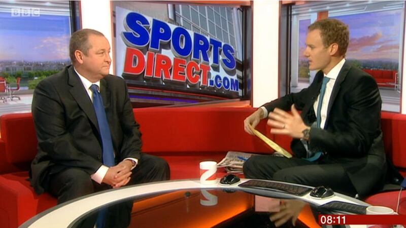 Sports Direct majority shareholder Mike Ashley appearing on BBC Breakfast with Dan Walker, as the retailer said it is to undertake an independent review of working practices and corporate governance following concerns raised by shareholders. Photo: BBC News/PA Wire 