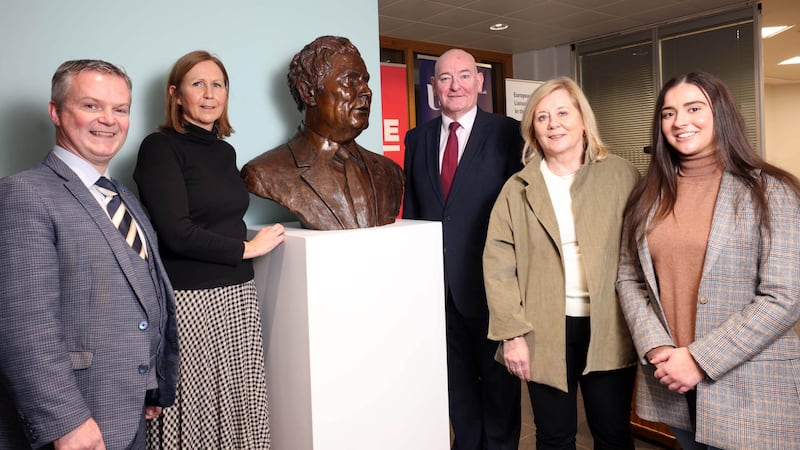Ulster University's Professor Malachy Ó Néill (left) was joined at the opening of the Hume exhibition on Tuesday by, from left, sculptor, Liz O'Kane, former SDLP leader, Mark Durkan, EU Liaison Office director, Susanne Oberhauser and university politics student, India Kennedy.