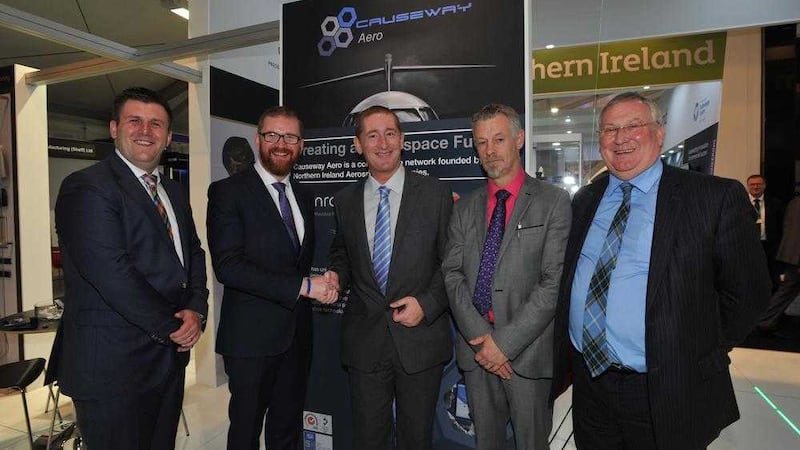 Causeway Aero was launched at the Farnborough airshow by, from left, Mark Hutchinson, Hutchinson Aerotech, economy minister Simon Hamilton, Mark Semple, Moyola Precision Engineering, Paul Shields, Network Facilitator and John Rainey from Denroy Plastics 