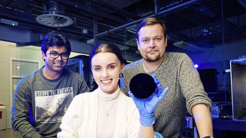 Pictured at the launch of FutureScope Smart Manufacturing Experiment are (from left) Achyut Maity from QUB Physics, Emma Crothers from Causeway Senors and Thom Conaty from Digital Catapult 