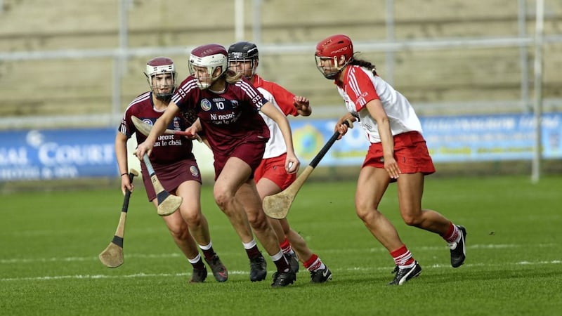 Loughgiel's Maeve Connolly (right) up against Slaughtneil's Eilis Ni Chasaide and Bridin McAllister in the 2017 Ulster Final.<br /> Pic Seamus Loughran