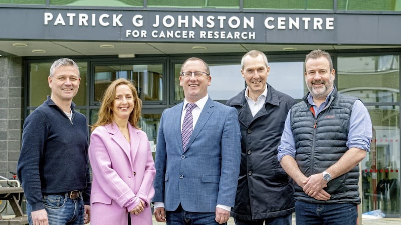 INVESTMENT: Pictured, from left, are Allen Martin, TechStart; Sian McLaughlin, Clarendon Fund Managers, Dr Paul Kerr, chief executive of AilseVax; David Moore, QUBIS; and Professor Daniel Longley from the PGJCCR 