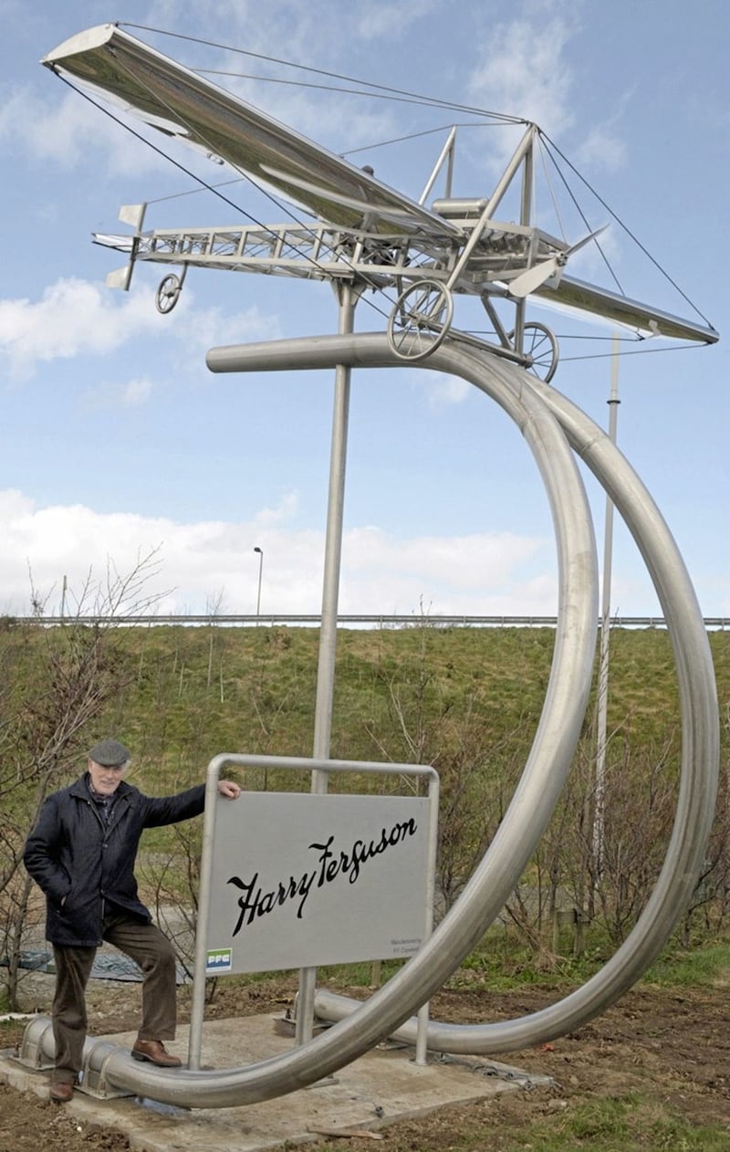 In 1909 Harry Ferguson became the first person in Ireland or Britain to make and fly his own own plane. John Sherlock&#39;s sculpture stands on the A1 Belfast-Dublin road 