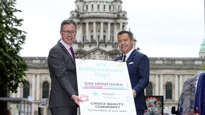 Retail NI chief executive Glyn Roberts (right) and Irish News marketing manager John Brolly launch the Independents&#39; Day &#39;People Vote&#39; initiative. Photo: Mal McCann 
