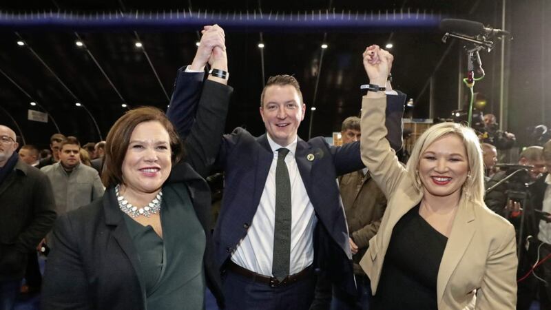 Sinn F&eacute;in&#39;s John Finucane with party leader Mary Lou McDonald and deputy leader Michelle O&#39;Neill following his election in December. Picture by Liam McBurney/PA 
