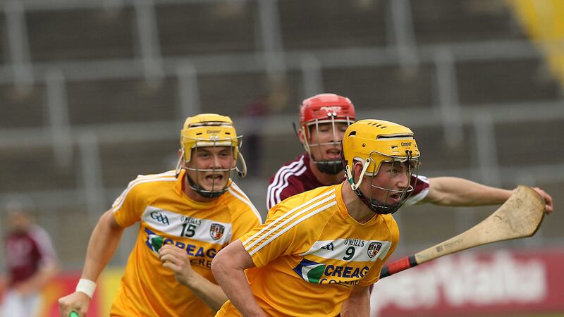 Antrim's Keelan Molloy in action against Galway in Saturday's All-Ireland MHC quarter-final at Breffni Park<br />Picture by Philip Walsh &nbsp;