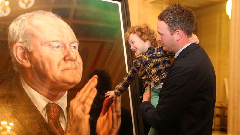 &nbsp;Martin McGuinness son Fiachra and grandson Dulta at the unveiling of the portrait of the former deputy First Minister at Parliment Buildings earlier this year. Picture by Mal McCann