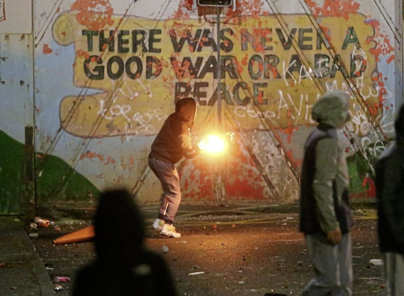 Rival groups clash at the interface on Lanark Way in west Belfast Picture Mal McCann. 