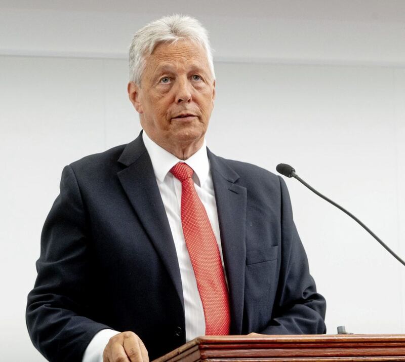 Former first minister Peter Robinson delivers his first public lecture at Queen's University Belfast. Picture by Queen's University Belfast, Press Association