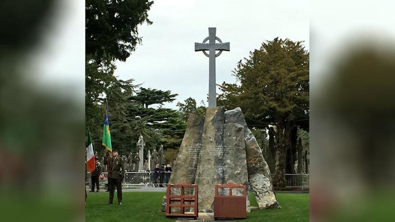 The French-Irish war memorial in Glasnevin Cemetery features a replica of the original wooden Gincy Cross. Picture by Heather Humphreys, Twitter &nbsp;
