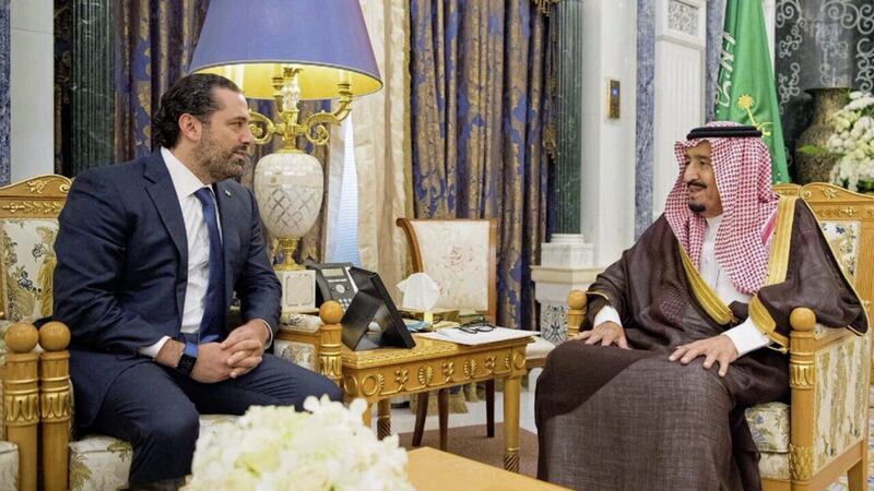 Saudi King Salman, right, meets with outgoing Lebanese prime minister Saad Hariri in Riyadh, Saudi Arabia, Monday PICTURE: Saudi Press Agency, via AP 