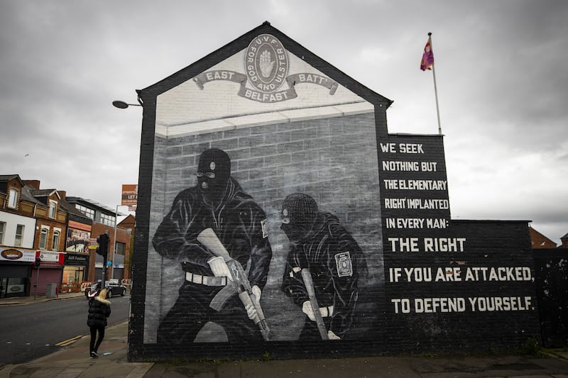 Ulster Volunteer Force (UVF) mural in support the of Ulster loyalist paramilitary group, on the wall of a property on the Lower Newtownards Road in east Belfast