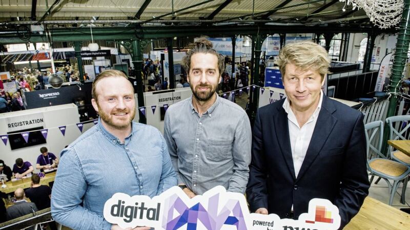 Pictured at Digital DNA in St George&rsquo;s Market are Simon Bailie, commercial director at Digital DNA; Jamie Bartlett, director at thinktank Demos and Leo Johnson, partner and disruption lead at PwC. 