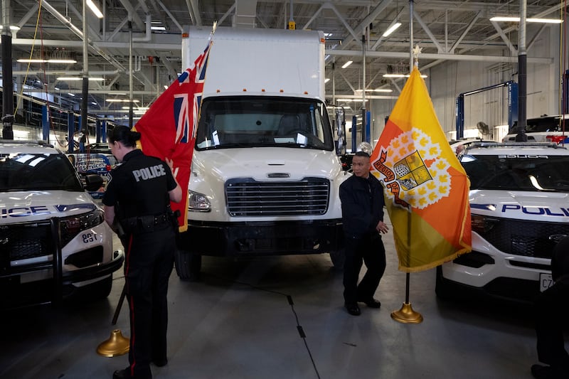 A truck used to transport stolen gold is displayed at a press conference (Arlyn McAdorey/The Canadian Press via AP)