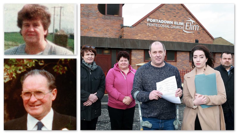 &nbsp;Top and bottom left: Tess and Charlie Fox. Main picture: Anthony Fox (centre) and other relatives with legal representative Rosie Kinnear pictured outside the Portadown church where Alan Oliver now worships. Picture by Bill Smyth