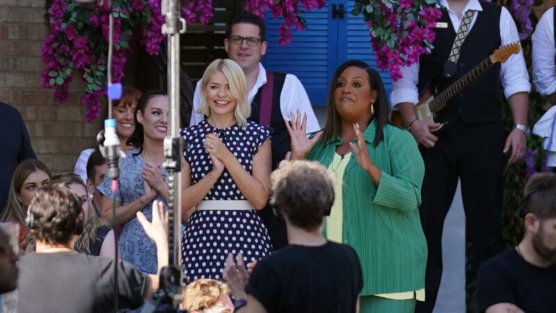 Holly Willoughby and Alison Hammond film an outdoor segment for This Morning at BBC Studioworks on the first day back after the summer break. It is expected that a rotating line-up of presenters will sit alongside Willoughby following Phillip Schofield’s departure (Lucy North/PA)