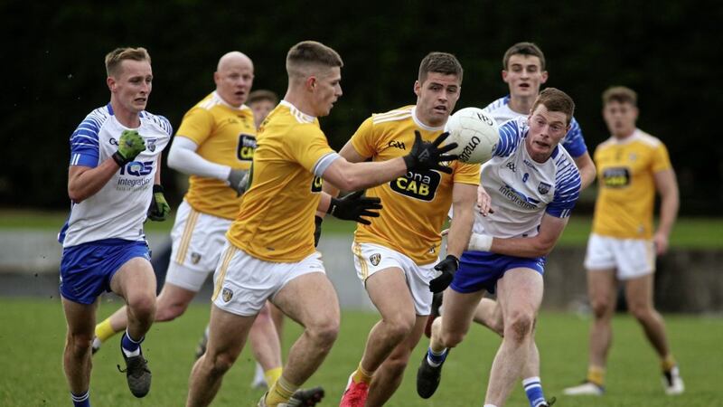 Antrim&#39;s James McAuley and Paddy McBride raid the Waterford defence in Dundalk on Saturday Picture: Seamus Loughran. 