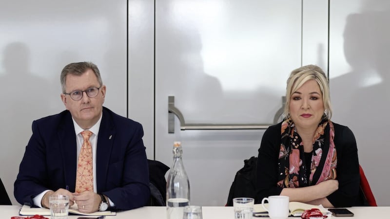 Sir Jeffrey Donaldson and Michelle O&#39;Neill ahead of a meeting with the secretary of state at Erskine House in Belfast yesterday. Picture by Liam McBurney/PA Wire  