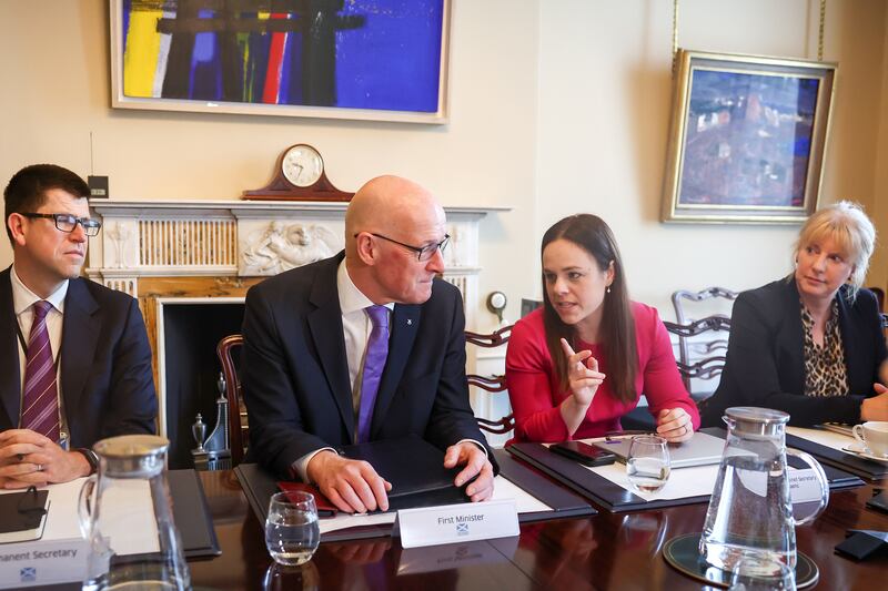 New First Minister John Swinney sitting next to Kate Forbes as he chairs his first Cabinet meeting since taking up the role, at Bute House in Edinburgh