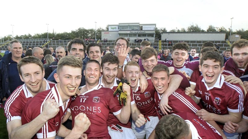Slaughtneil celebrate four title in-a-row after beating Ballinascreen at Celtic Park on Sunday Picture by Margaret McLaughlin 