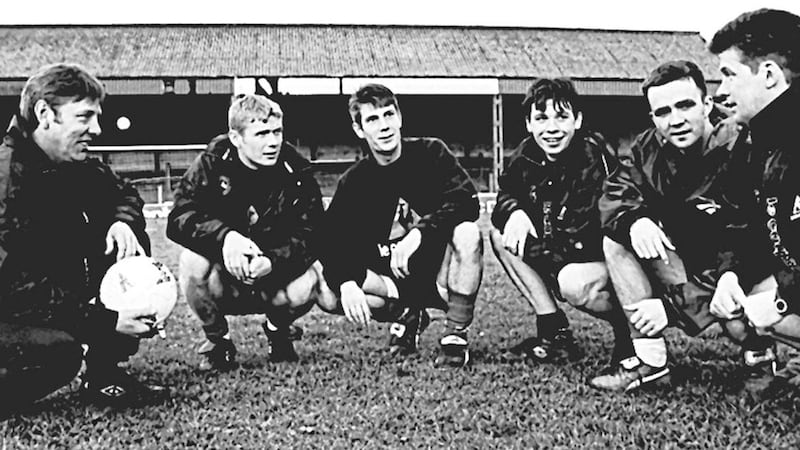 Cliftonville's Marty Quinn (left), Rory O'Boyle (extreme right), Tim McCann, Mickey Donnelly, Mickey Collins and Gerry Flynn talk tactics during the halcyon days