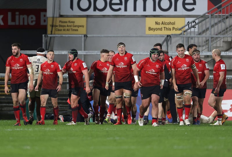 Ulster's Rob Herring (second right) celebrates his side's third try of the game with team-mates during the European Champions Cup Group B match against Toulouse at the Kingspan Stadium, Belfast on&nbsp;Friday December 11, 2020.<br/>Picture by Liam McBurney/PA Wire.&nbsp;