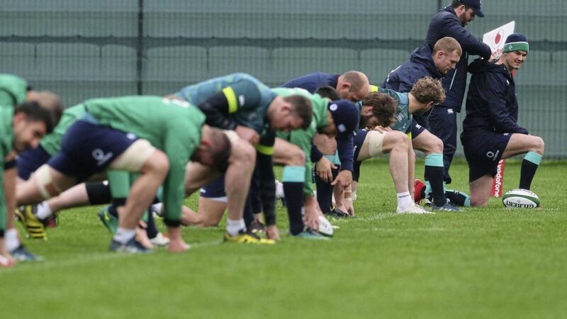 Jonathan Sexton (right) during a training session at Carton House, County Kildare yesterday Picture by PA 