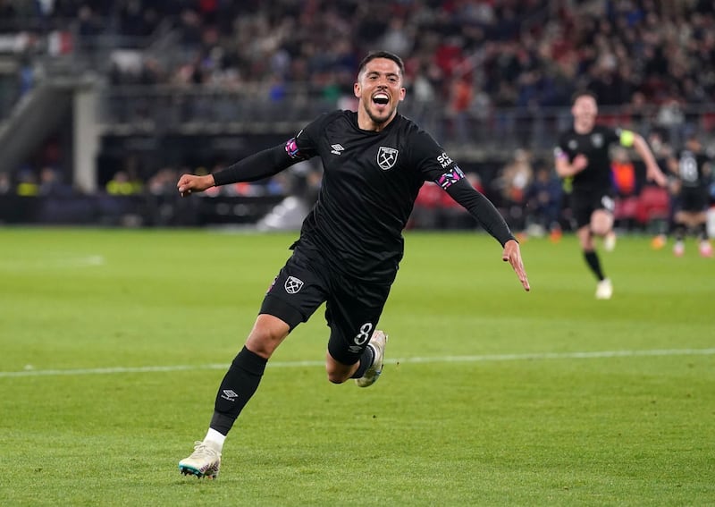 West Ham United’s Pablo Fornals celebrates scoring their side’s first goal of the game during the UEFA Europa Conference League semi-final at the AFAS Stadium, Alkmaar