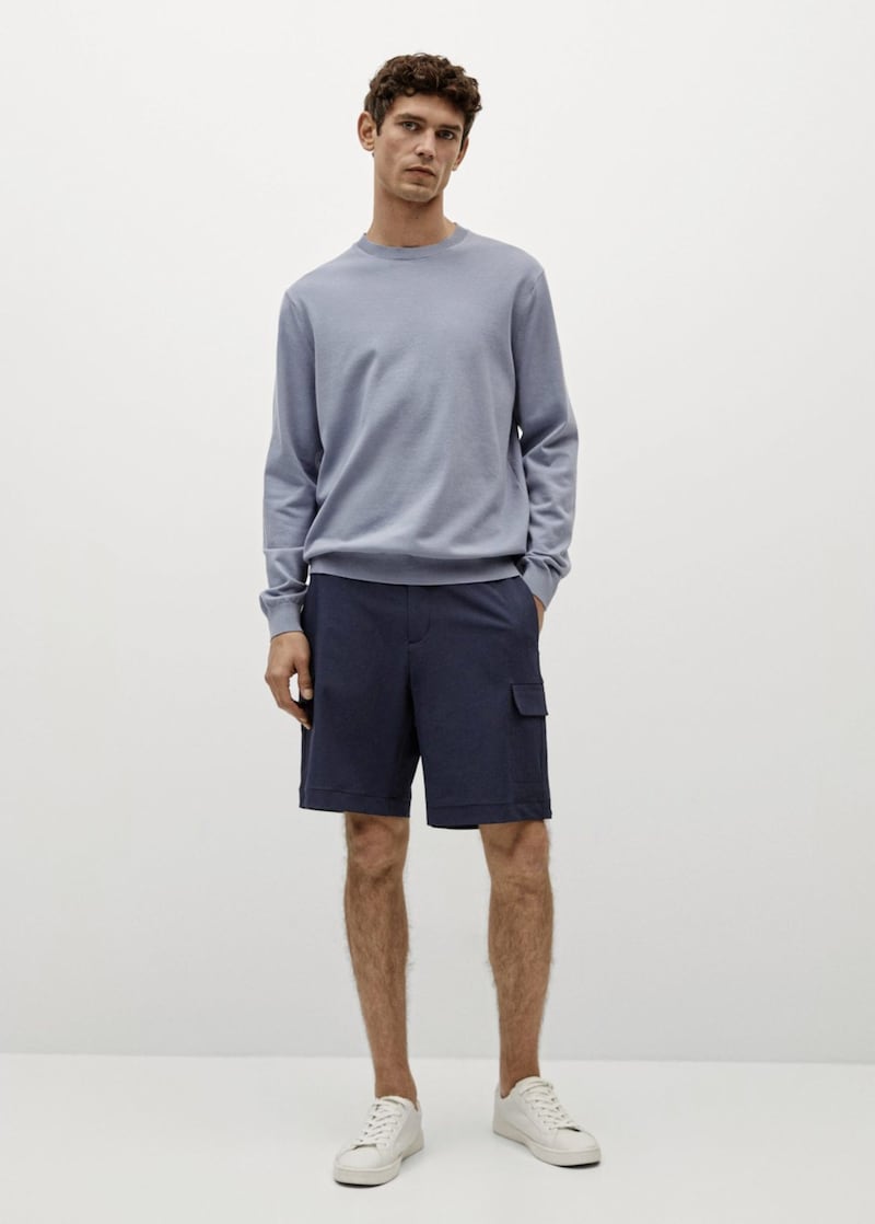 Mango Thermoregulator Cotton-blend Sweater Sky Blue, &pound;35.99; Technical Fabric Cargo Bermuda Shorts, &pound;49.99, available from Mango (shoes, stylist's own)