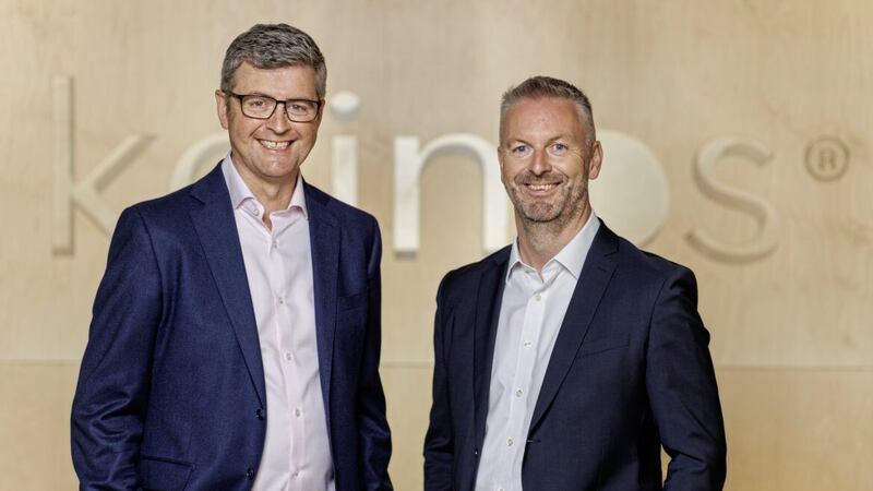 Kainos&#39; outgoing chief executive, Brendan Mooney (left) with his successor, Russell Sloan (right), who will take over the role at the end of September. 