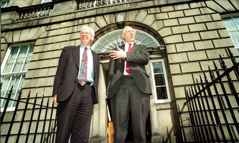 Lord Wallace (left) was Scotland’s first deputy first minister, with then Laboru leader Donald Dewar the first first minister. But the LIberal Democrat leader recalled there were ‘stumbling blocks’ in the talks to establish a Holyrood coalition between their parties.