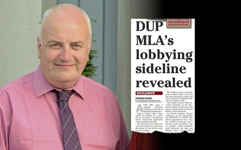 DUP MLA Trevor Clarke, and inset, how The Irish News reported on his sideline planning business