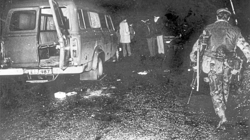 The bullet-riddled minibus at the scene of the massacre of 10 protestant workman shot dead by the provisional IRA massacre at Kingsmills, Co Armagh in 1976 