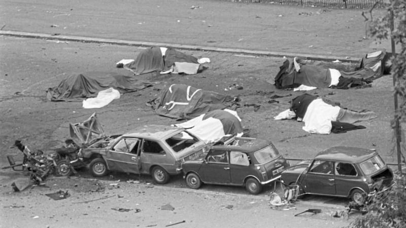 &nbsp;Dead horses and wrecked cars in the aftermath of the IRA Hyde Park bomb attack on the Household Cavalry in 1982