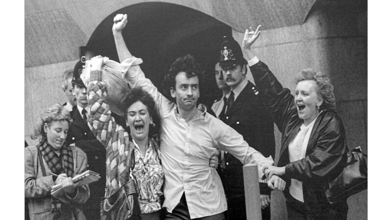 Gerry Conlon emerges from the Old Bailey Court in London after the Guildford Four were released in 1989. Picture by Hugh Russell. 