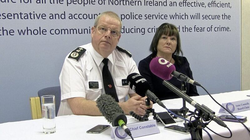 PSNI Chief Constable Simon Byrne and Policing Board chair Anne Connolly - PSNI provide the budget and the Policing Board responsible for administration of the scheme. Picture by David Young/PA Wire 