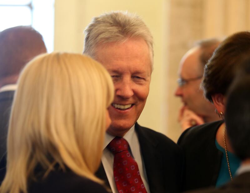 &nbsp;Former First Minister Peter Robinson at the portrait unveiling of former deputy First Minister, Martin McGuinness at Parliment Buildings. Picture by Mal McCann.
