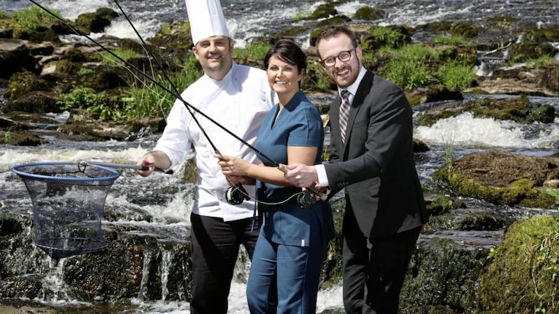 Galgorm Resort &amp; Spa, is calling on young adults interested in a career in hospitality to apply for its inaugural Go to Grow Apprenticeship Programme. Pictured fishing for new talent are: Aaron Finlay, assistant executive head chef, Tara Moore, Spa manager and Aaron Logan, food and beverage manager. 