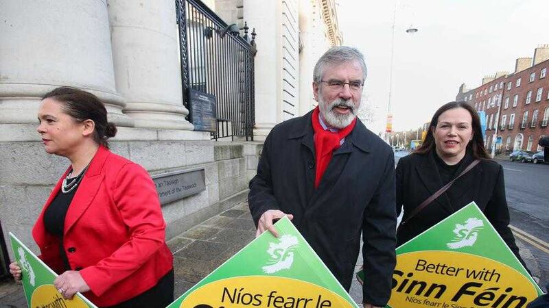 MANIFESTO: Gerry Adams, Mary Lou McDonald, left, and Louise O&#39;Reilly candidate for Dublin Fingal, arrive at Government Buildings in Dublin earlier this month PICTURE: Brian Lawless/PA 