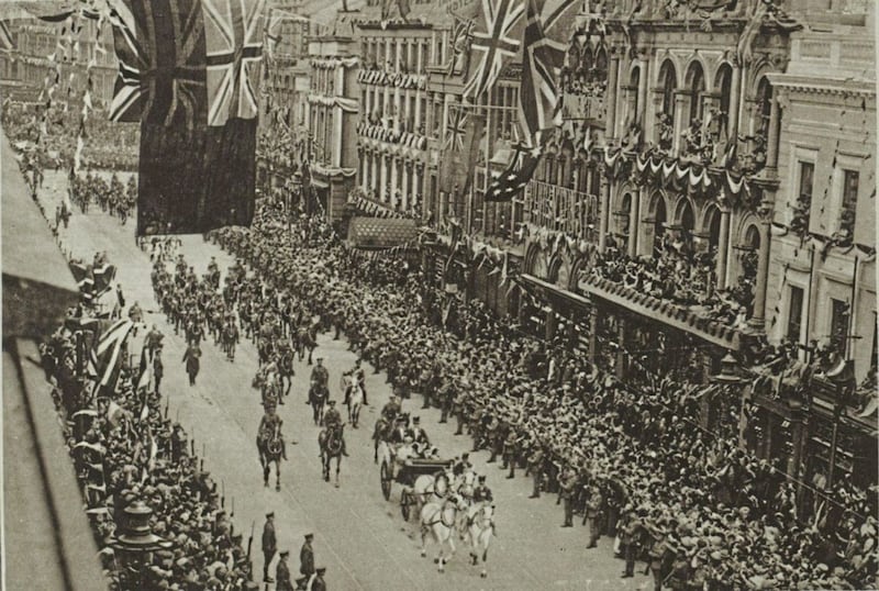The king and queen parade through central Belfast after George V officially opened the Northern Ireland Parliament in June 1921. Picture from The London Illustrated News 