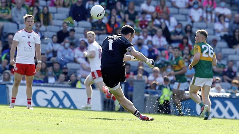 Tyrone&#39;s Niall Morgan in action during the GAA Football All-Ireland Senior Championship final between Tyrone and Kerry at Croke Park Dublin on 08-28-2021. Pic Philip Walsh. 