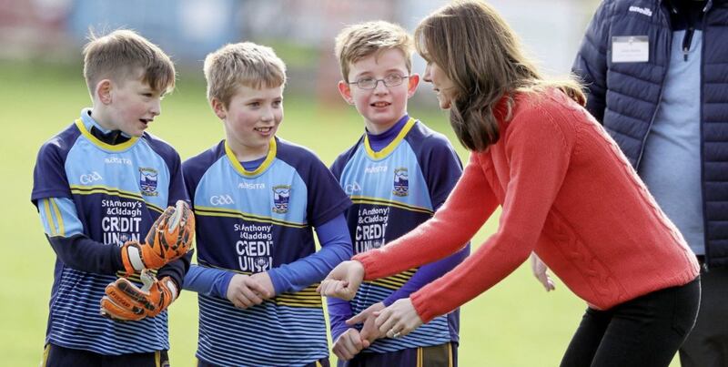 The Duchess of Cambridge during a visit to Salthill Knocknacarra GAA club in Galway to learn more about traditional sports during the third day of their visit to the Republic. Picture by Brian Lawless/PA Wire. 