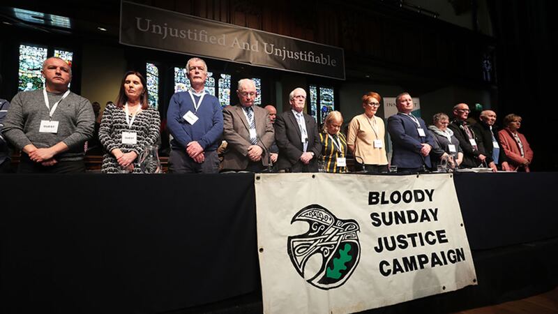 A minute's silence is held during the press conference at the Guildhall in Derry after the announcement from the Public Prosecution Service that one former paratrooper, soldier F is to be charged with two murders and four attempted murders during Bloody Sunday in 1972&nbsp;