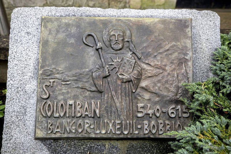 A bronze cast dedicated to Saint Columbanus which sits at the entrance to Bangor Abbey 