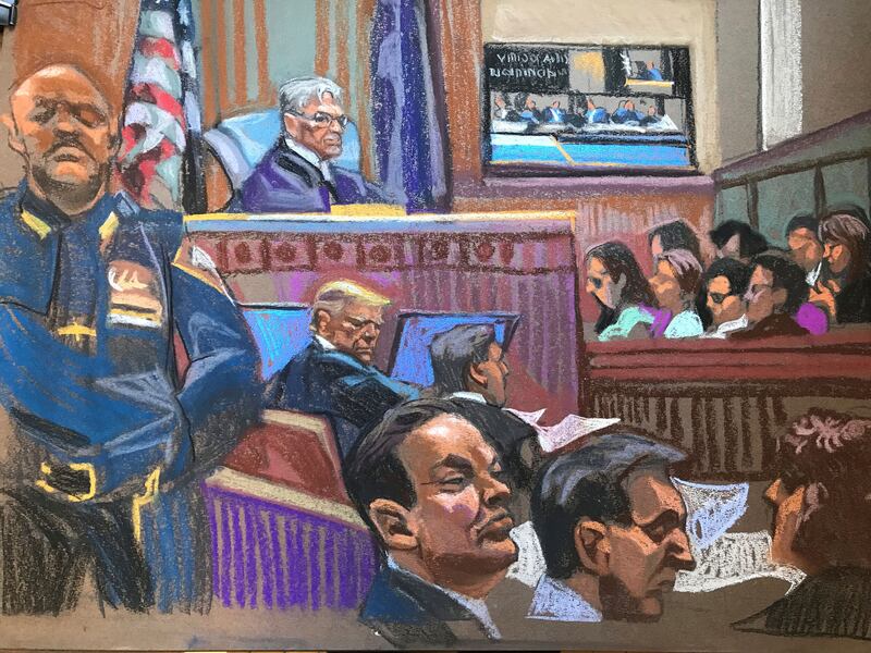 In this courtroom sketch, former US president Donald Trump sits beside his lawyer Todd Blanche in Manhattan Criminal Court (Christine Cornell via AP Pool)