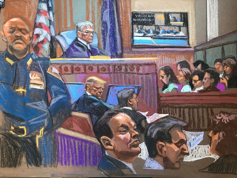 In this courtroom sketch, former US president Donald Trump sits beside his lawyer Todd Blanche on the second day of jury selection in his criminal trial in Manhattan Criminal Court in New York (Christine Cornell via AP Pool)