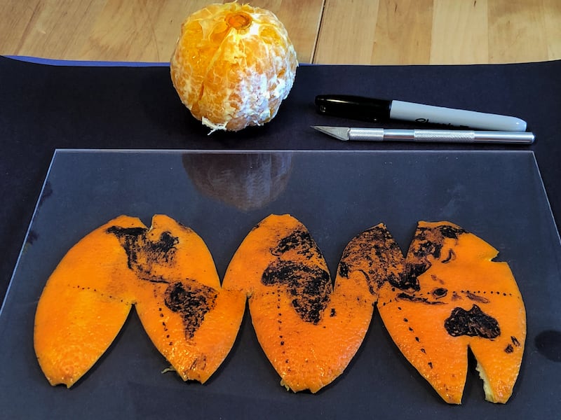 A globe drawn out on to an orange which has then been peeled to produce a flat map (RJ Andrews/@InfoWeTrust)