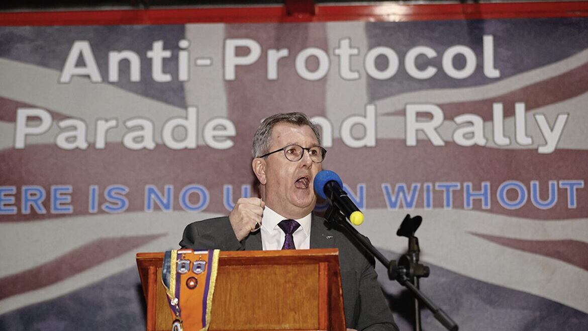 Sir Jeffrey Donaldson speaks during an anti-Northern Ireland Protocol rally in Ballymoney last year 