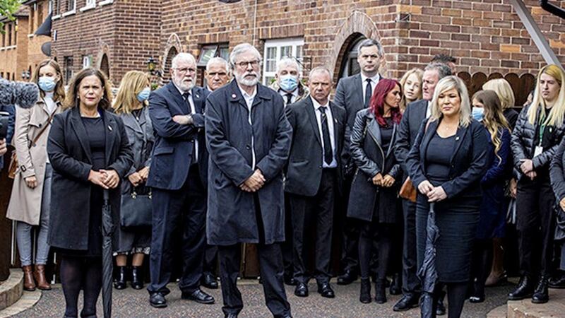 Sinn F&eacute;in president Mary Lou McDonald, former leader Gerry Adams and Deputy First Minister Michelle O&#39;Neill attending the funeral of Bobby Storey in west Belfast last June. Picture by Liam McBurney/PA Wire 